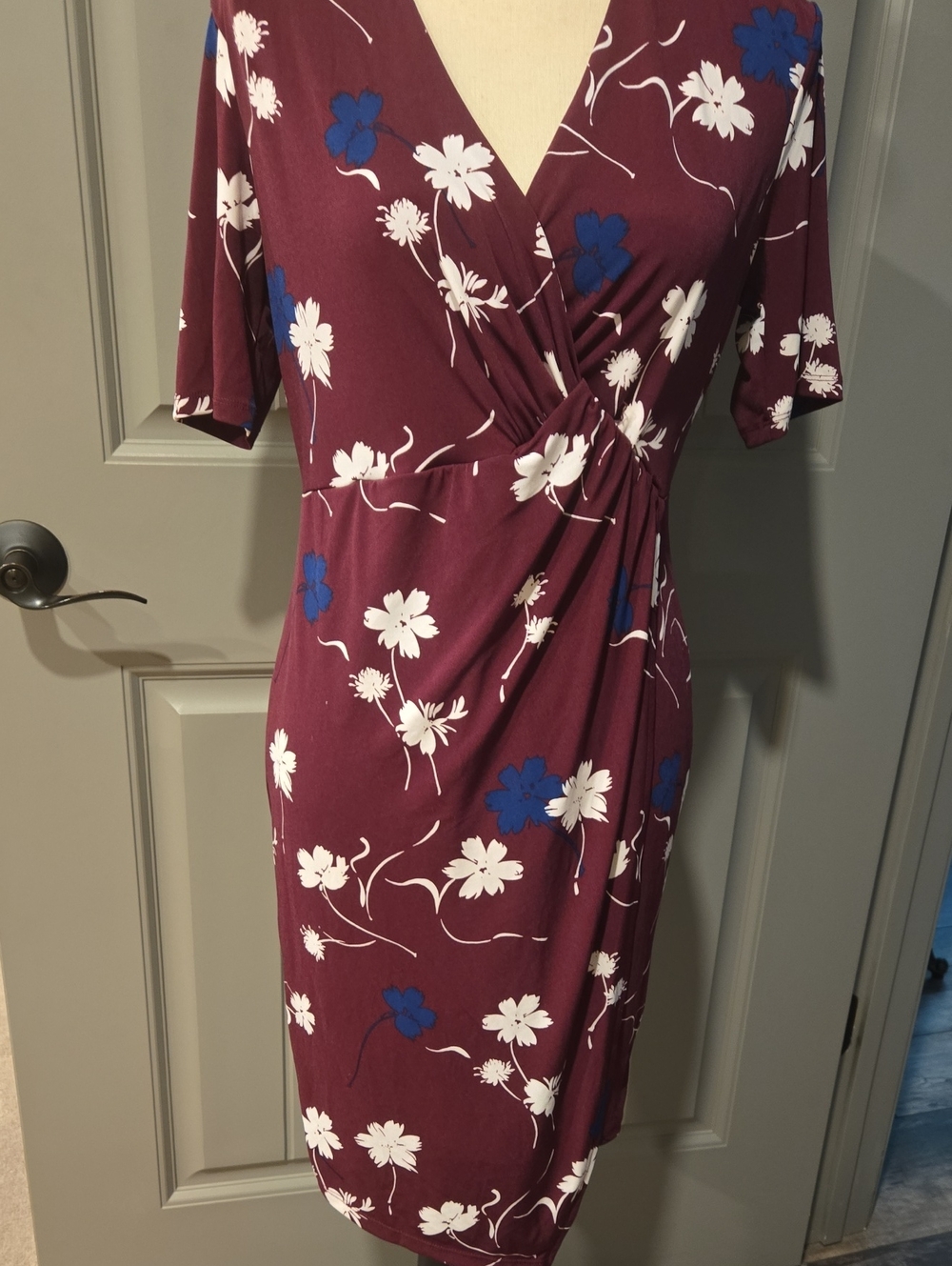 Banana Republic Burgundy Floral Wrap Midi Dress with Blue and White Blooms